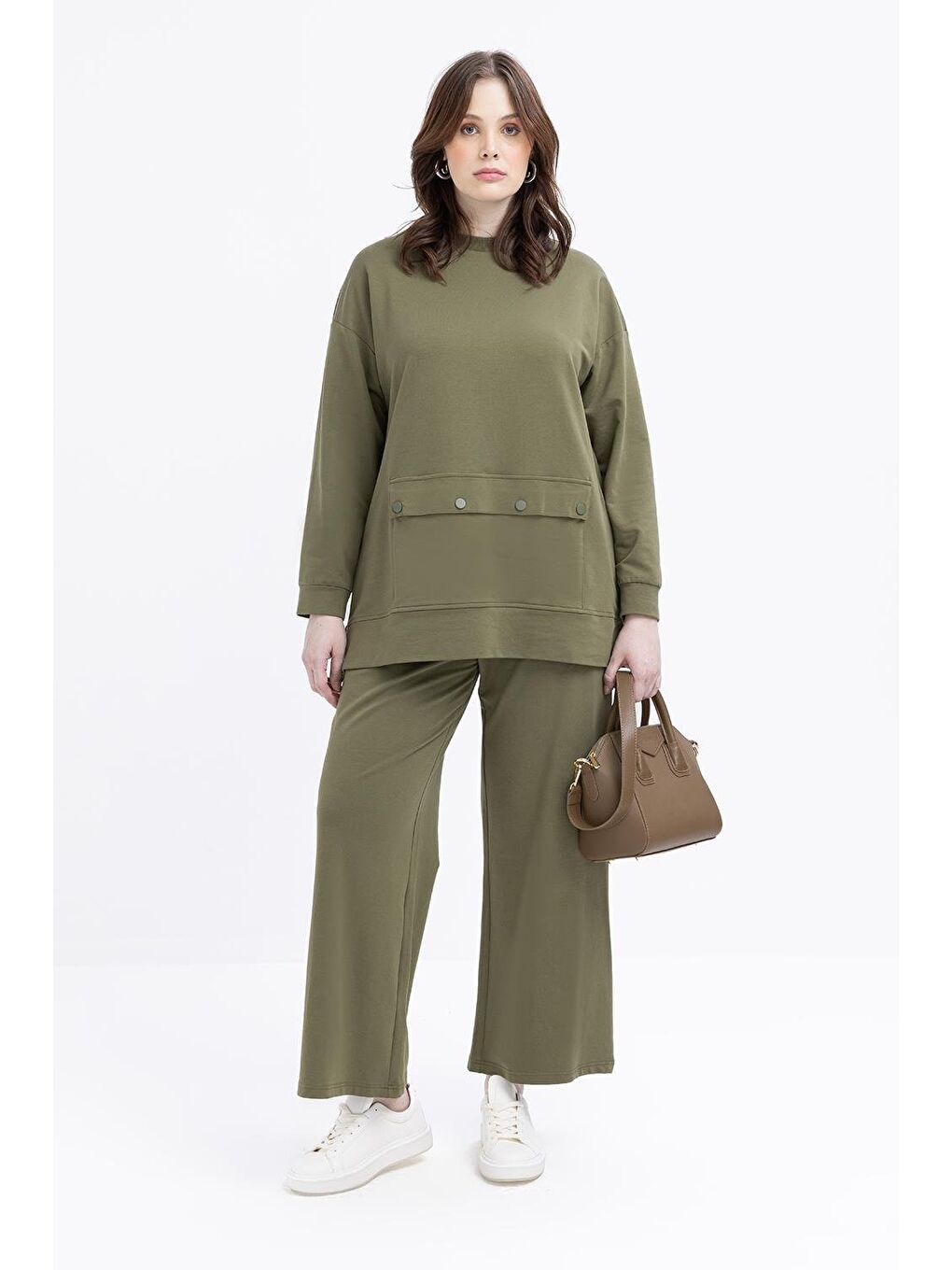 Haki-Büyük Cepli Yandan Fermuarlı Büyük Beden Eşofman Takımı-1