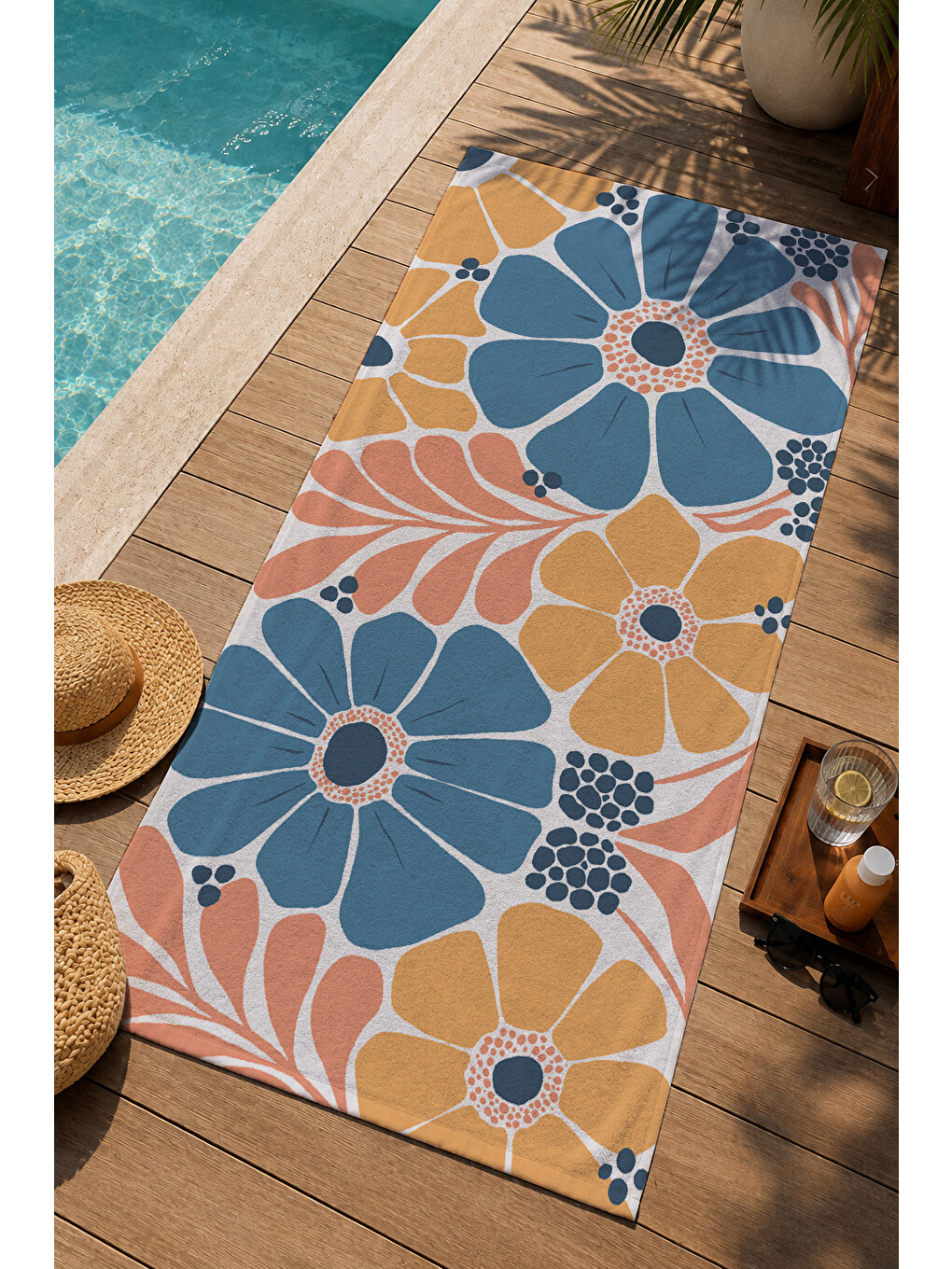 Mavi Turuncu Büyük Retro Çiçek Desenli 70x150 Cm Dijital Baskılı Plaj Ve Banyo Havlusu-1