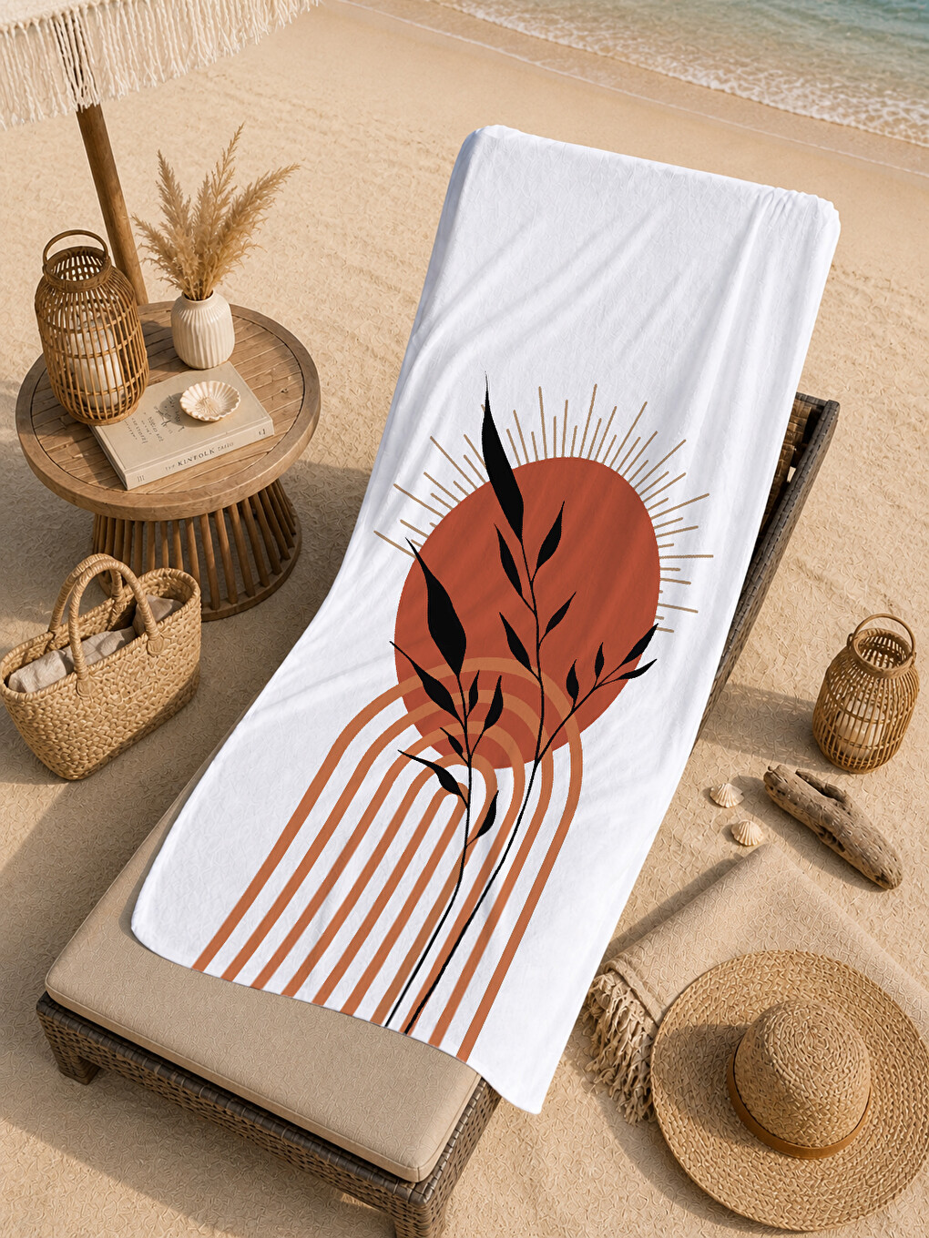 Ekru Beyaz Terracotta Yaprak Ve Kemer Desenli 70x150 Cm Dijital Baskılı Plaj Ve Banyo Havlusu-3