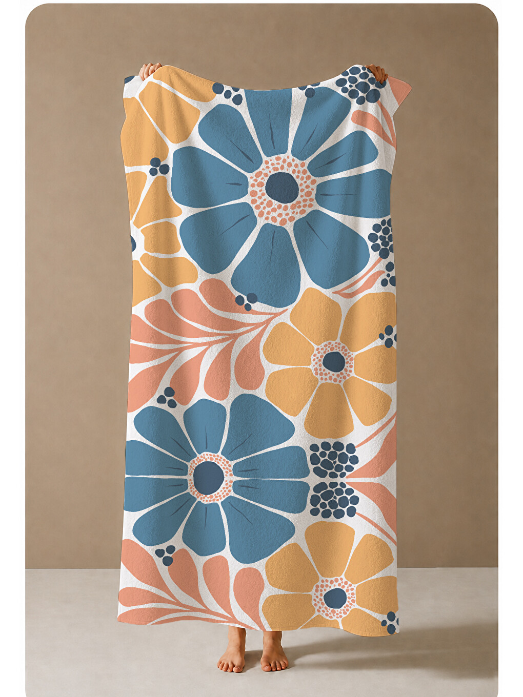 Mavi Turuncu Büyük Retro Çiçek Desenli 70x150 Cm Dijital Baskılı Plaj Ve Banyo Havlusu-2