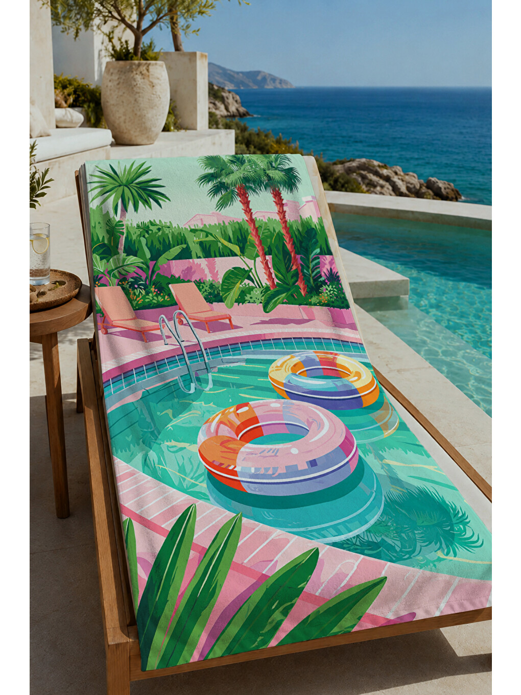 Pembe Tropikal Havuz Ve Palmiye Manzaralı 70x150 Cm Dijital Baskılı Plaj Ve Banyo Havlusu