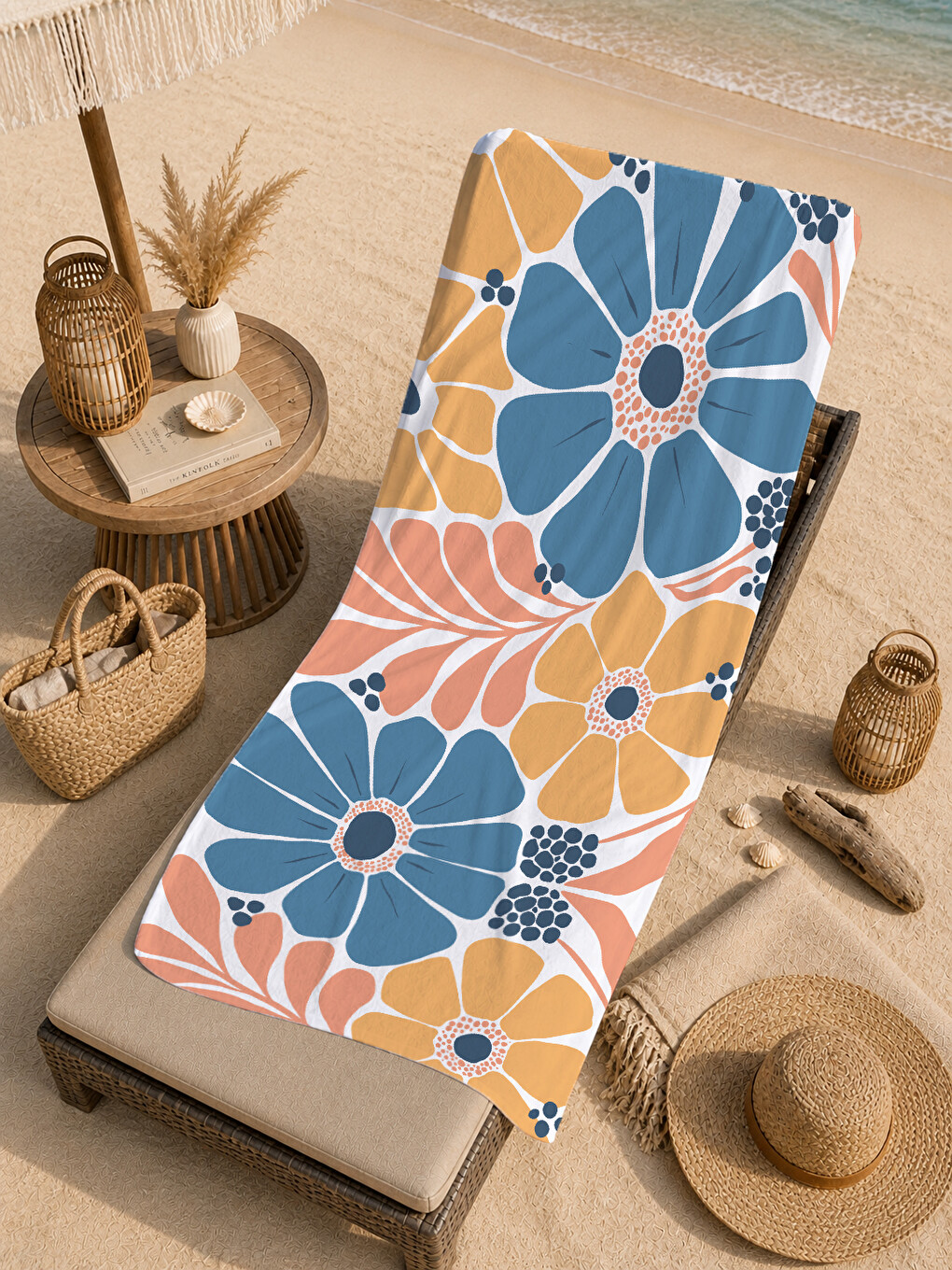 Mavi Turuncu Büyük Retro Çiçek Desenli 70x150 Cm Dijital Baskılı Plaj Ve Banyo Havlusu-3