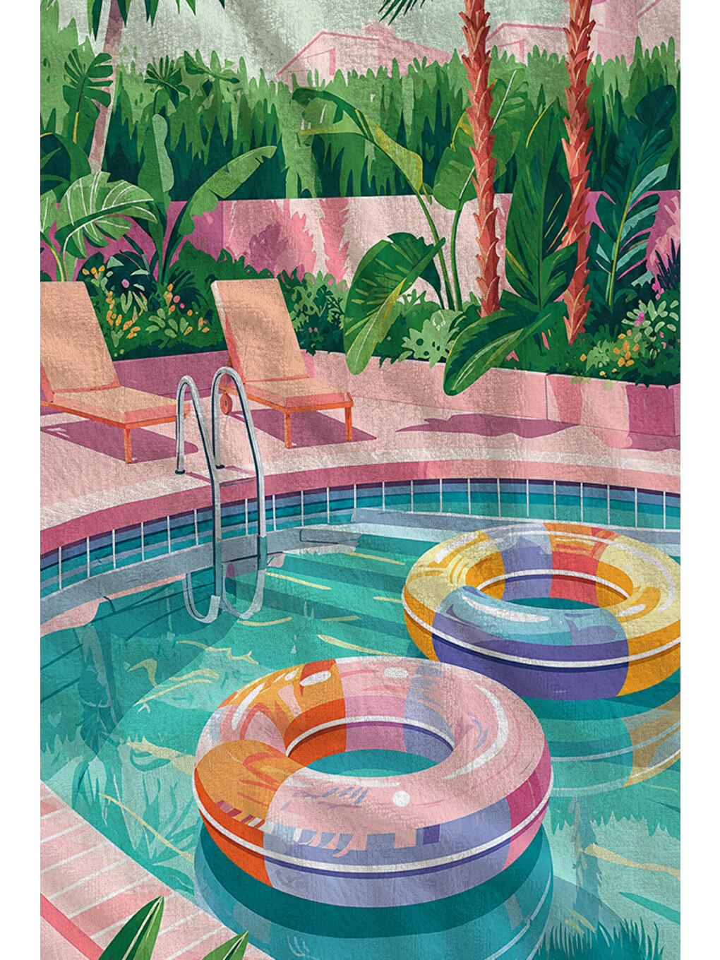 Pembe Tropikal Havuz Ve Palmiye Manzaralı 70x150 Cm Dijital Baskılı Plaj Ve Banyo Havlusu-1