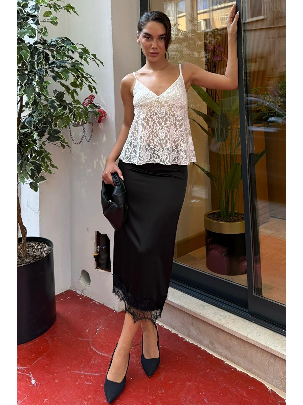 Siyah Saten Dantelli Midi Boy Kadın Etek Mg2538-7