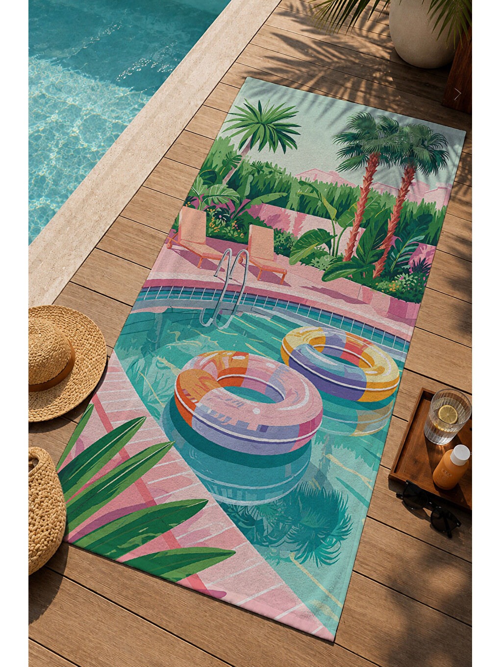 Pembe Tropikal Havuz Ve Palmiye Manzaralı 70x150 Cm Dijital Baskılı Plaj Ve Banyo Havlusu-2