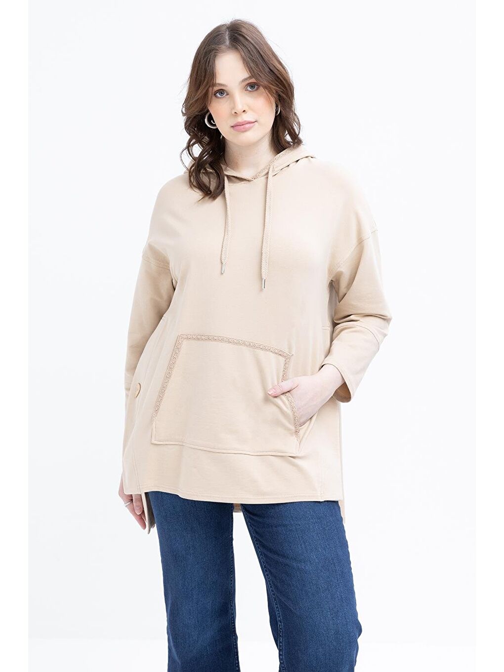 Bej-Kanguru Cepli Şerit Dantelli Büyük Beden Sweat