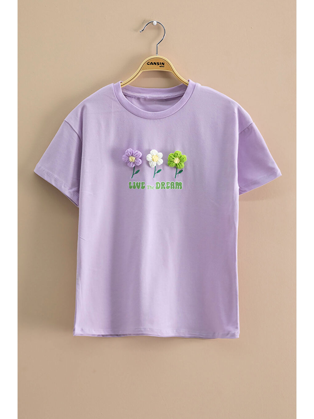 Lila Papatya Nakışlı Bisiklet Yaka Kız Çocuk Tişört 20984