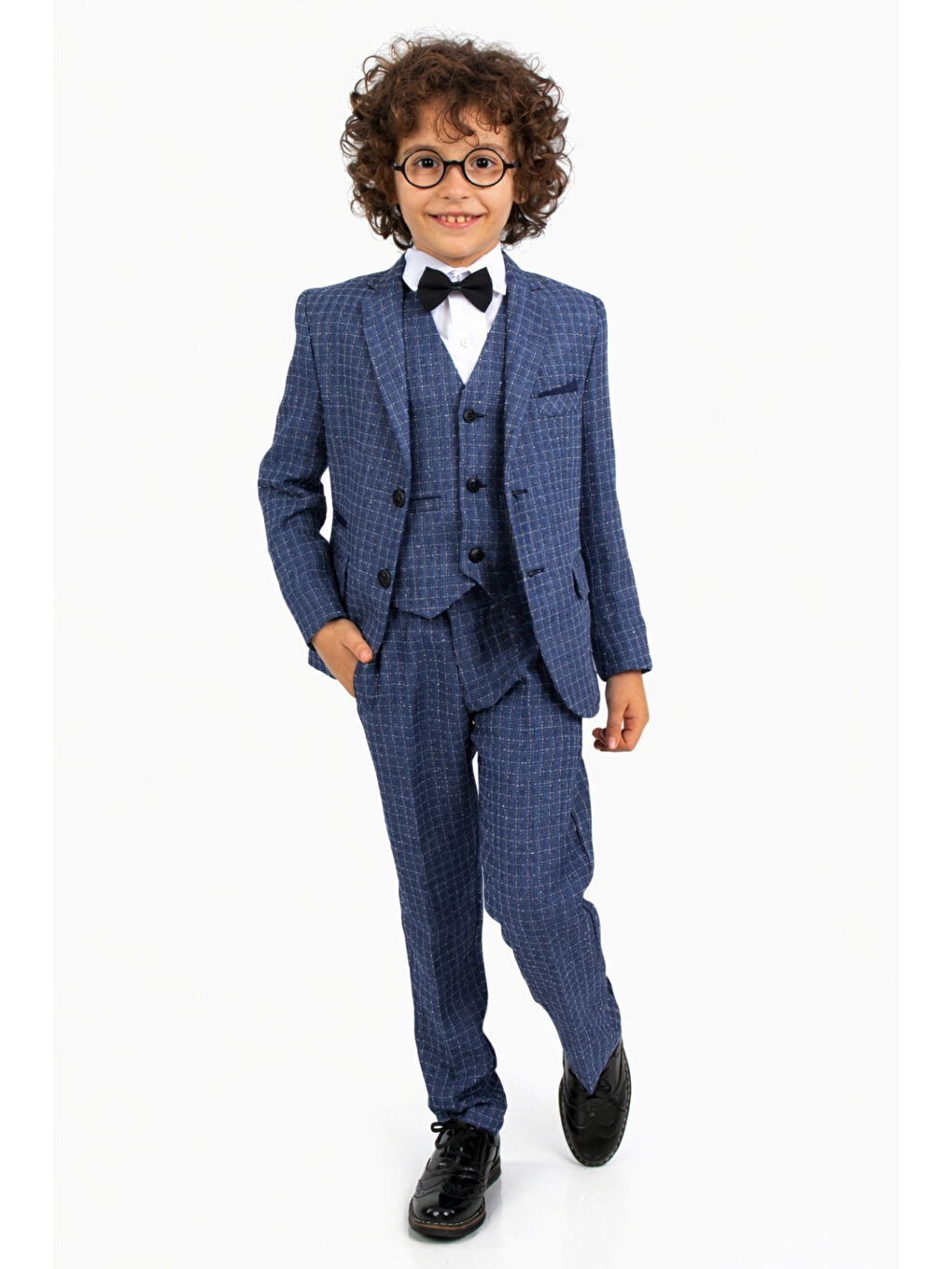 Mavi Erkek Çocuk Slim Fit Dokulu Çizgili Klasik Takım Elbise Ak197-198