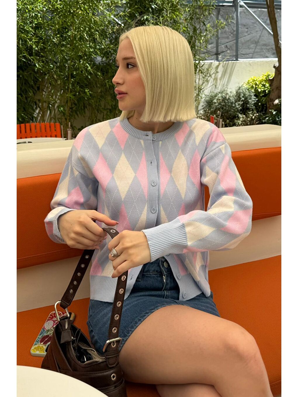 Mavi Baklava Desenli Bisiklet Yaka Kadın Hırka Mg2496-4