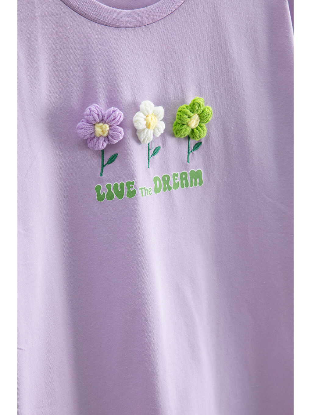 Lila Papatya Nakışlı Bisiklet Yaka Kız Çocuk Tişört 20984-1