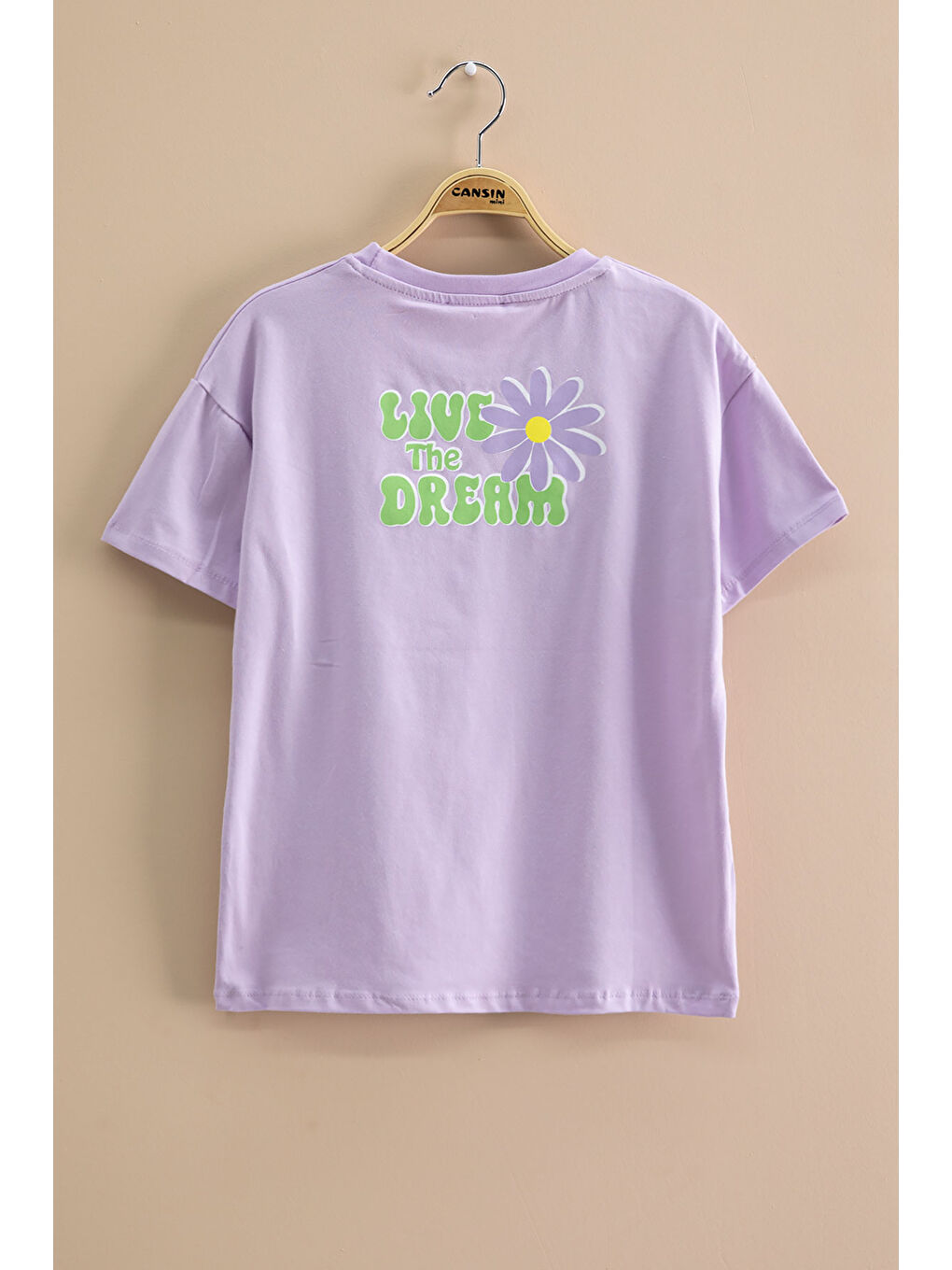 Lila Papatya Nakışlı Bisiklet Yaka Kız Çocuk Tişört 20984-2