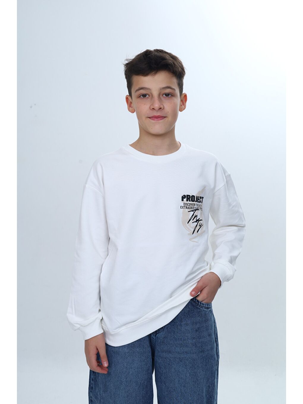 Ekru Erkek Çocuk Bisiklet Yaka Beli Eteği Lastik Baskılı Sweatshirt 24957