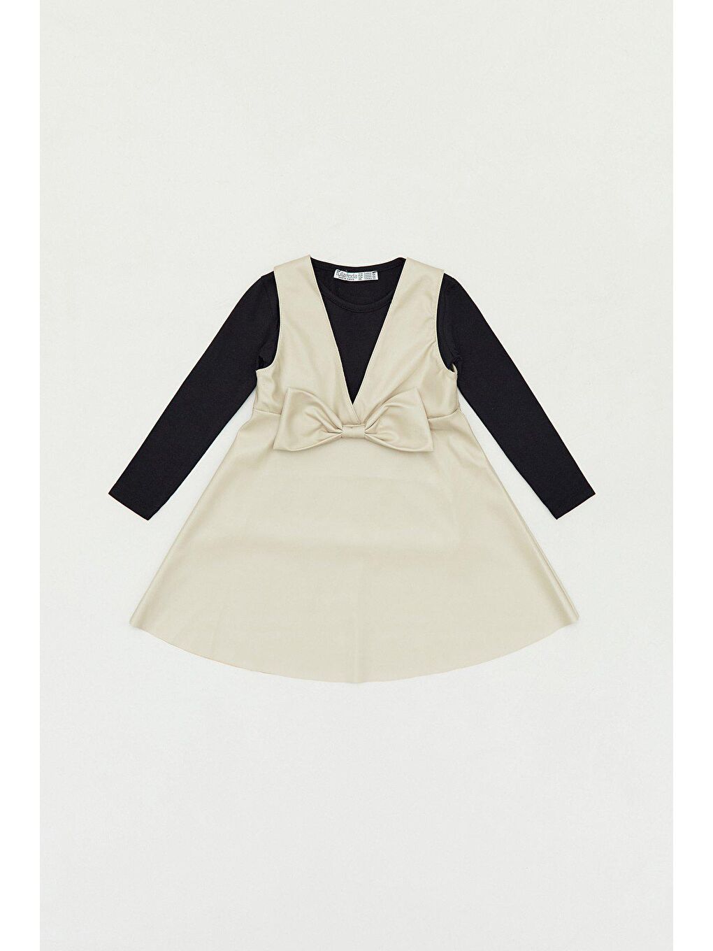 Bej Suni Deri Fiyonk Detaylı  Kız Çocuk Elbise Takım