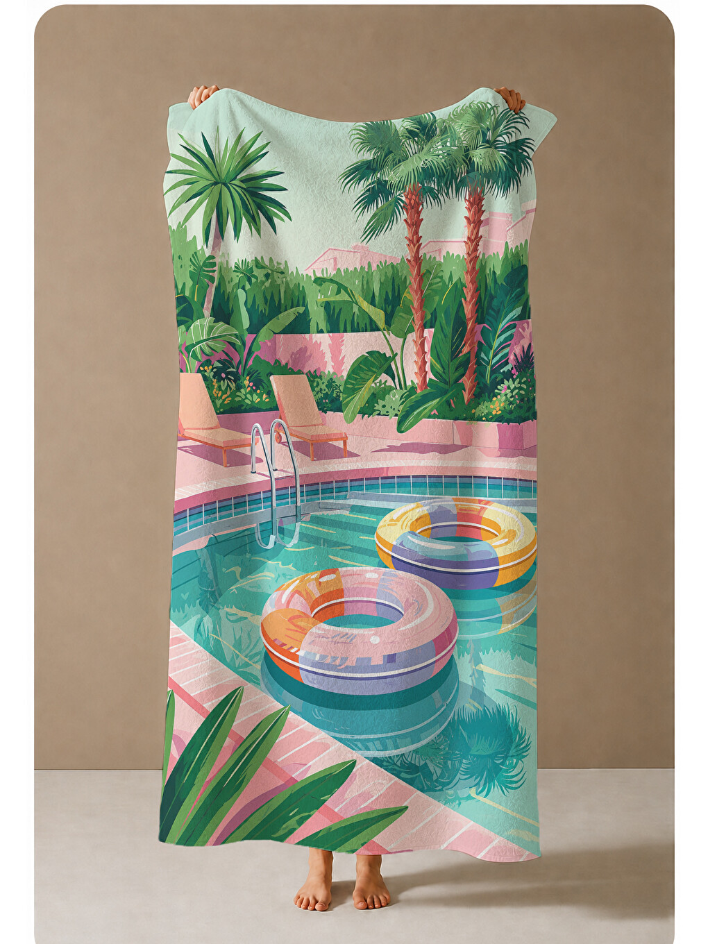 Pembe Tropikal Havuz Ve Palmiye Manzaralı 70x150 Cm Dijital Baskılı Plaj Ve Banyo Havlusu-3