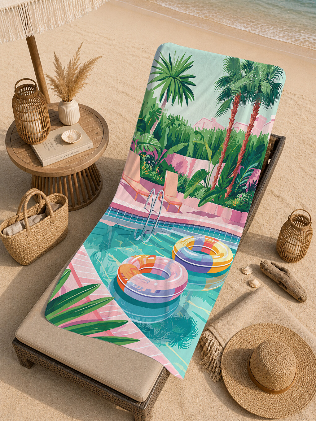 Pembe Tropikal Havuz Ve Palmiye Manzaralı 70x150 Cm Dijital Baskılı Plaj Ve Banyo Havlusu-4