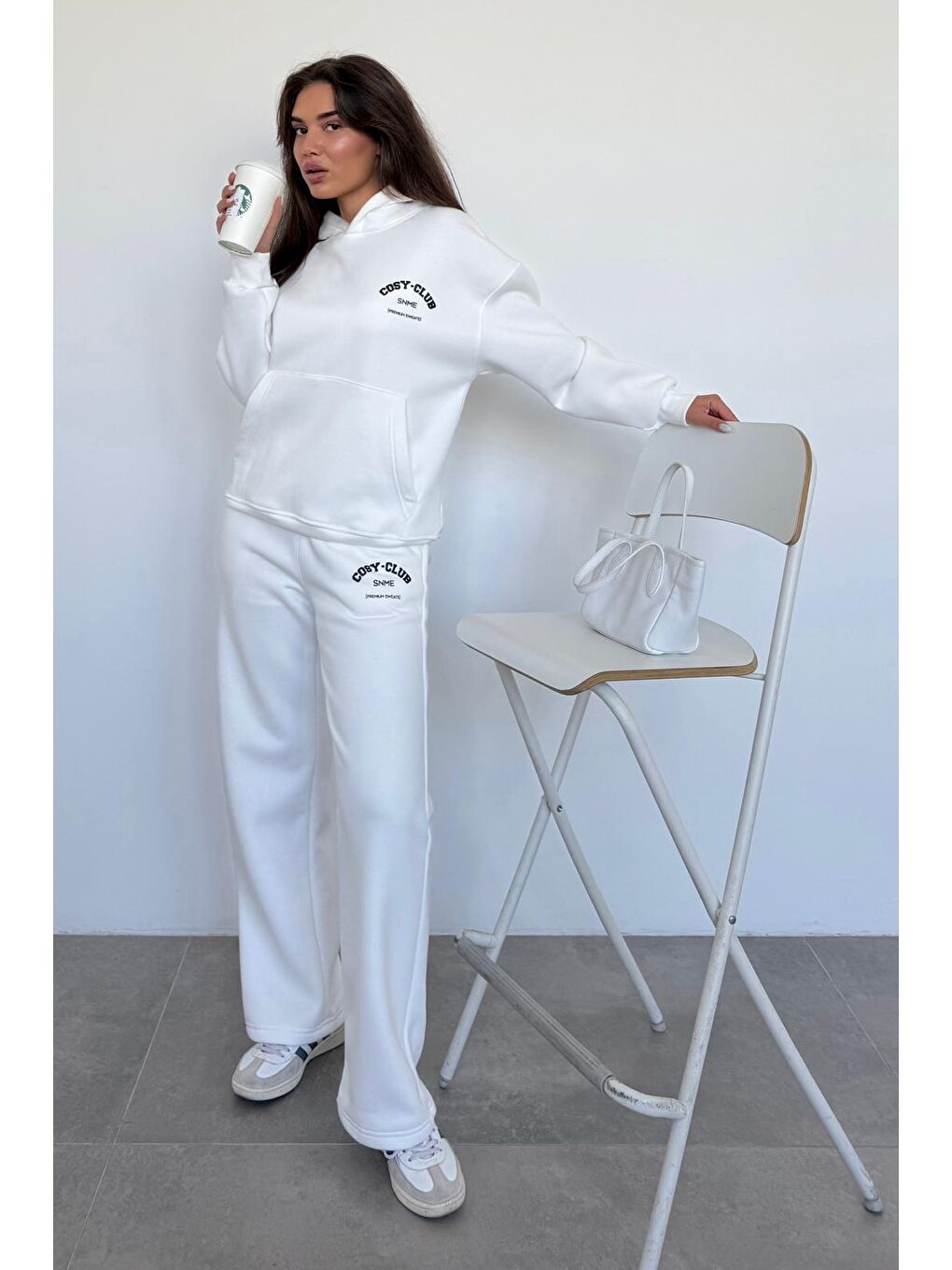 Ekru Kapüşonlu Baskılı Kadın Eşofman Takımı Mg2524-2