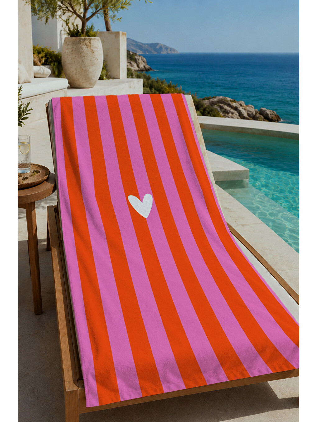 Milbay Grup Pembe Turuncu Çizgili Kalp Desenli 70x150 Cm Dijital Plaj Ve Banyo Havlusu-2493