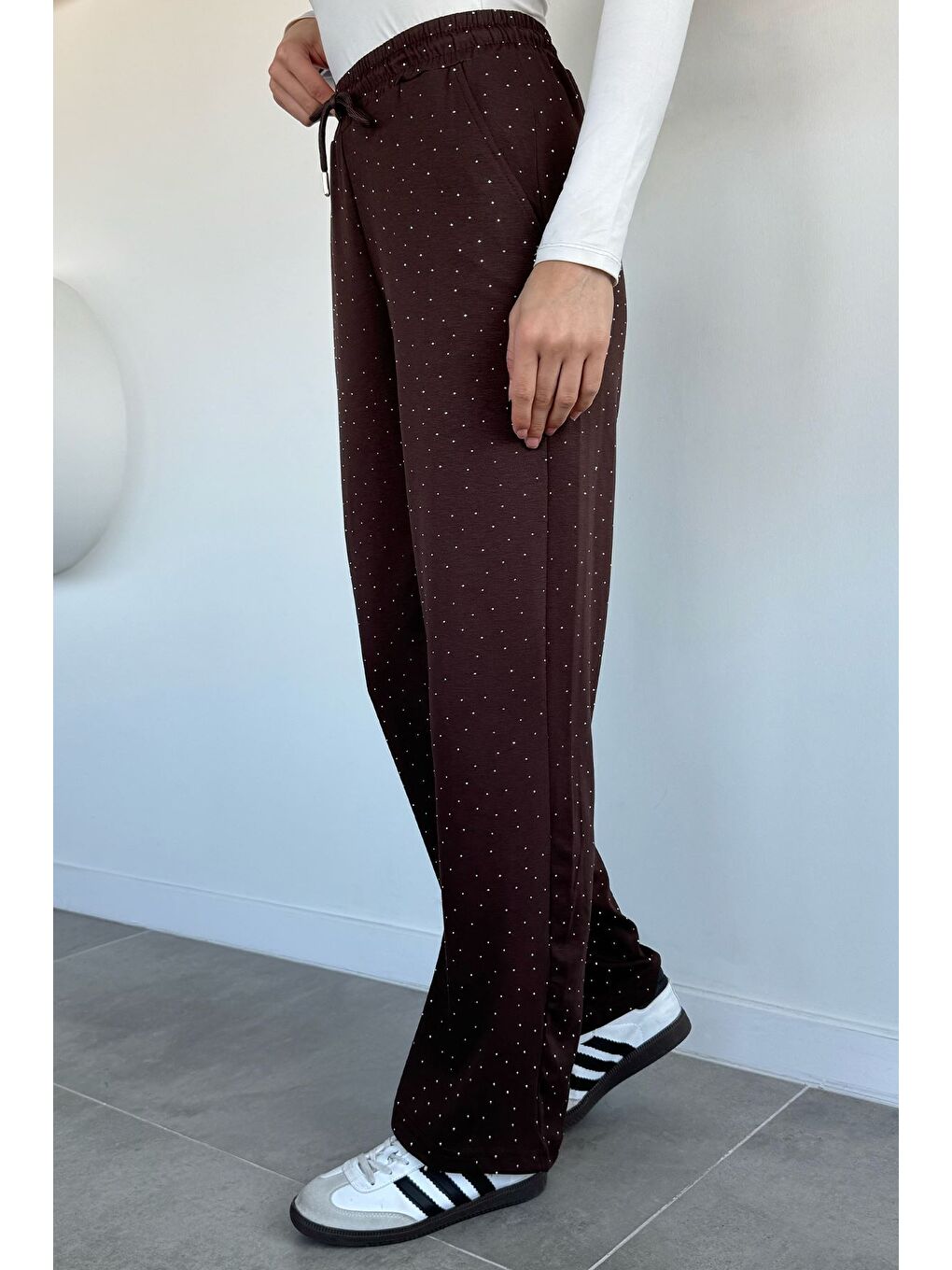 Kahverengi Kadın Bel Lastikli Taş İşlemeli Pantolon-1