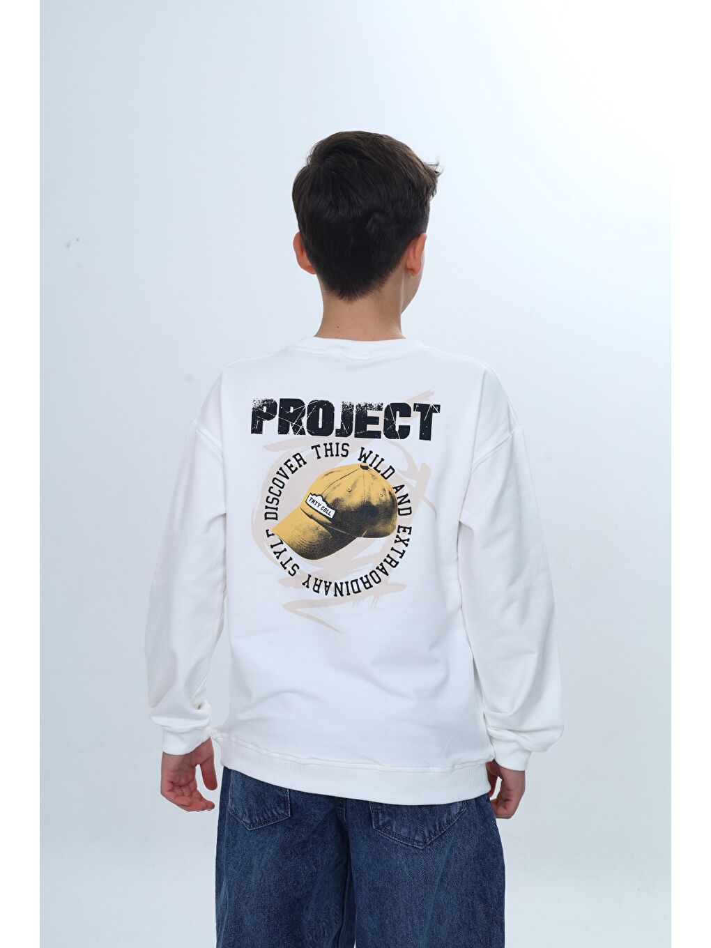 Ekru Erkek Çocuk Bisiklet Yaka Beli Eteği Lastik Baskılı Sweatshirt 24957-3