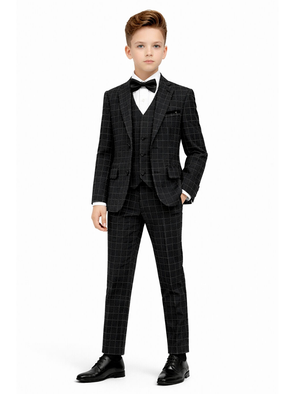 Siyah Erkek Çocuk Slim Fit Dokulu Çizgili Klasik Takım Elbise Ak197-198