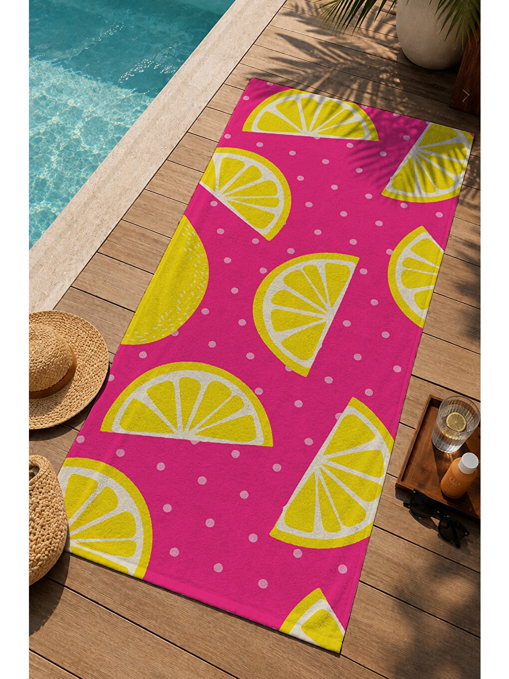Pembe Zemin Sarı Limon Desenli 70x150 Cm Dijital Baskılı Plaj Ve Banyo Havlusu-1