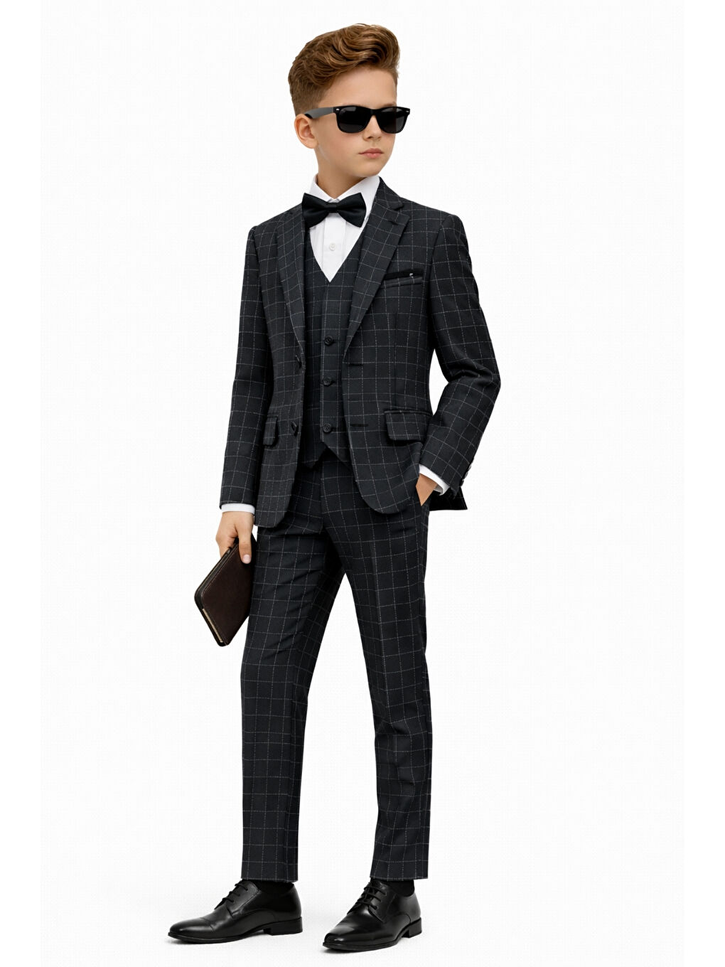 Siyah Erkek Çocuk Slim Fit Dokulu Çizgili Klasik Takım Elbise Ak197-198-1