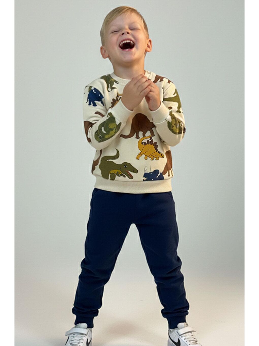 Ekru Erkek Çocuk Eşofman Takımı Kükreyen Dinozorlar Desenli Krem (2-4 Yaş)-1