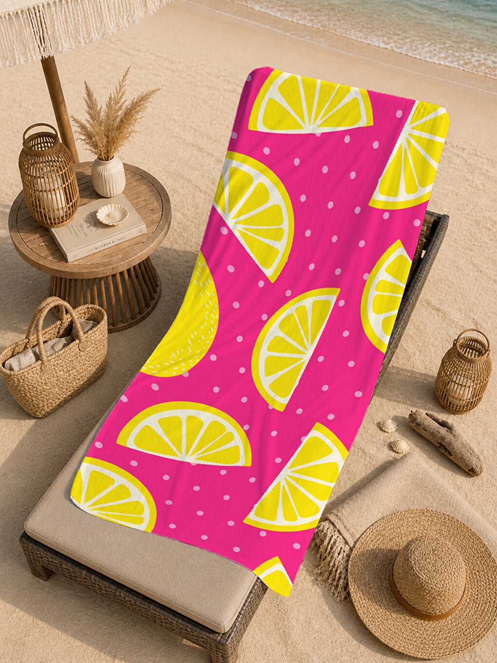 Pembe Zemin Sarı Limon Desenli 70x150 Cm Dijital Baskılı Plaj Ve Banyo Havlusu-3