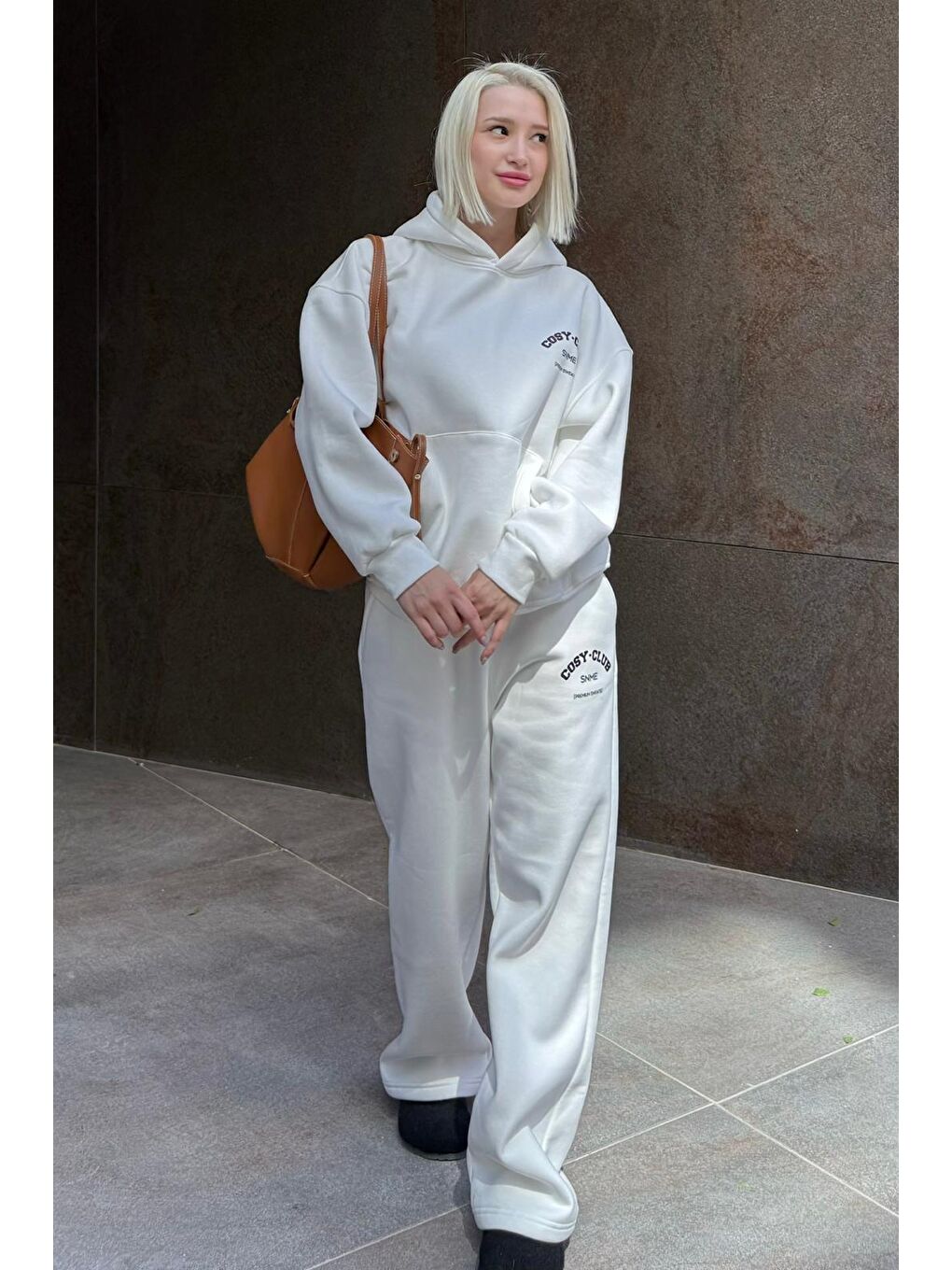 Ekru Kapüşonlu Baskılı Kadın Eşofman Takımı Mg2524-3