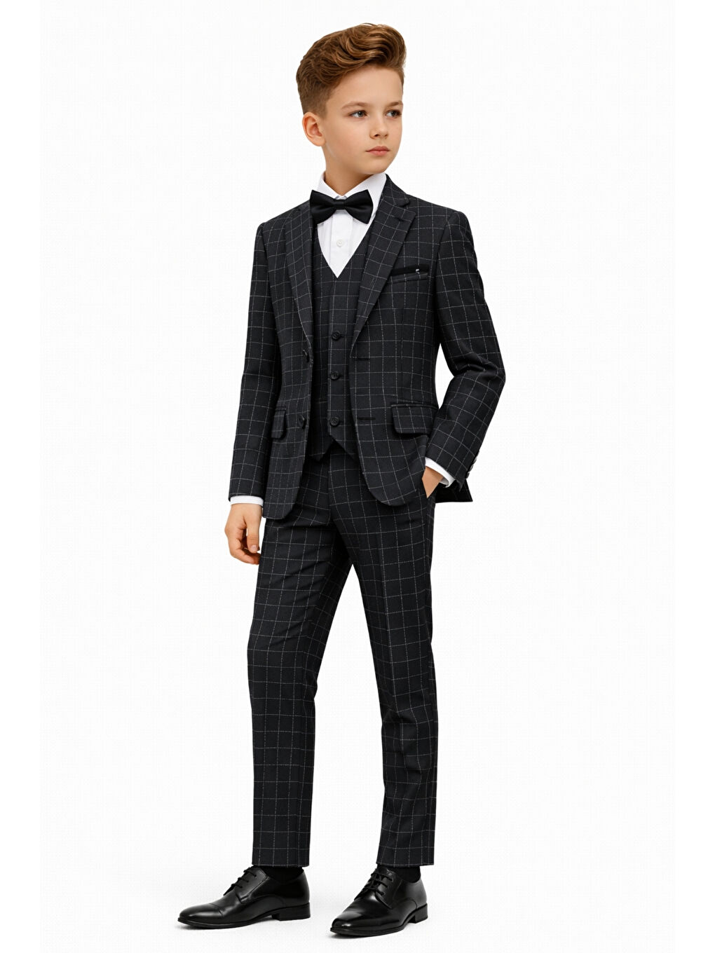 Siyah Erkek Çocuk Slim Fit Dokulu Çizgili Klasik Takım Elbise Ak197-198-2