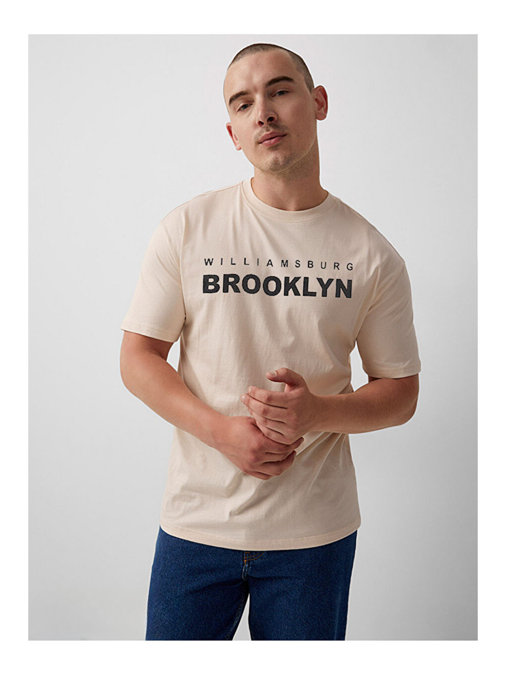 Bej Erkek Bisiklet Yaka Willams.Brooklyn Baskılı Tshirt SPR25TS31