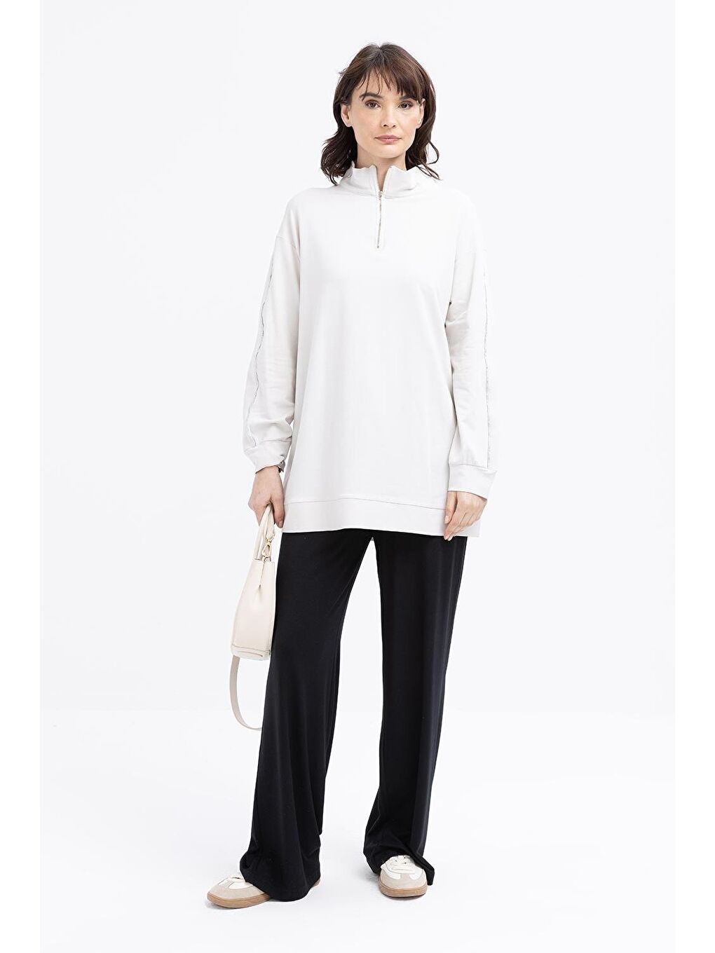 Bej Taş-Arabiyeli Fermuarlı Sweat-1