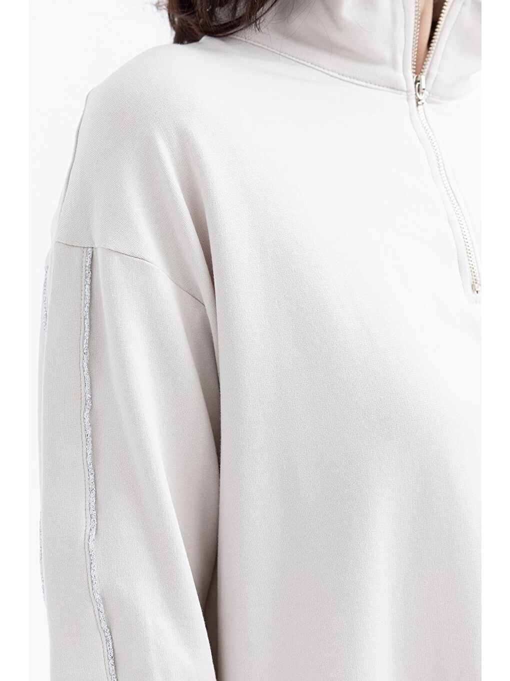 Bej Taş-Arabiyeli Fermuarlı Sweat-4