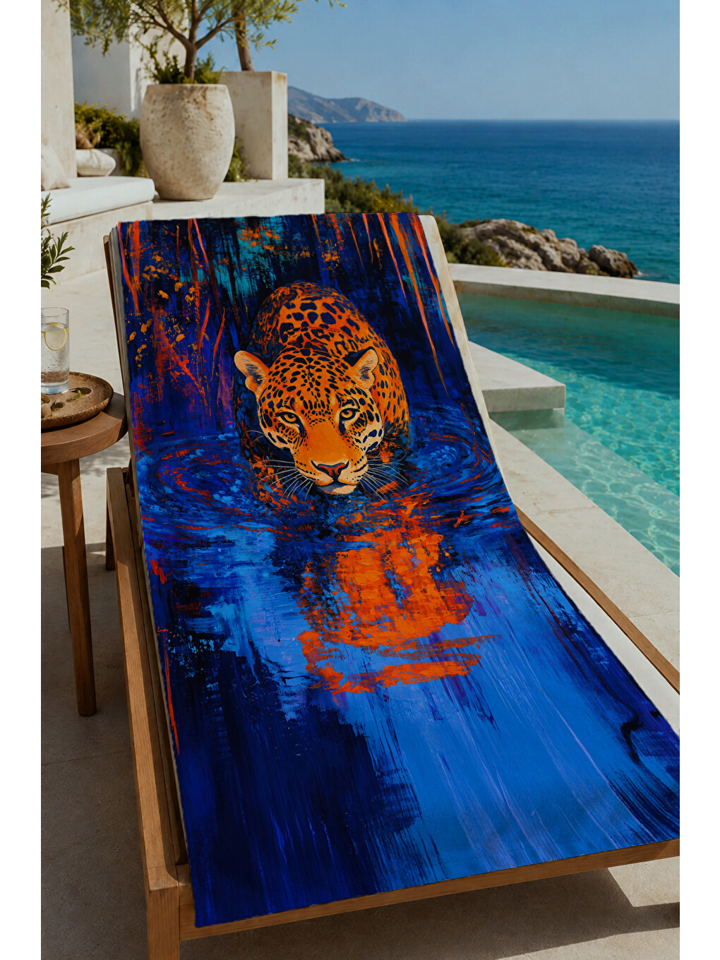 Lacivert Turuncu Kaplan İllüstrasyonlu 70x150 Cm Dijital Baskılı Plaj Ve Banyo Havlusu