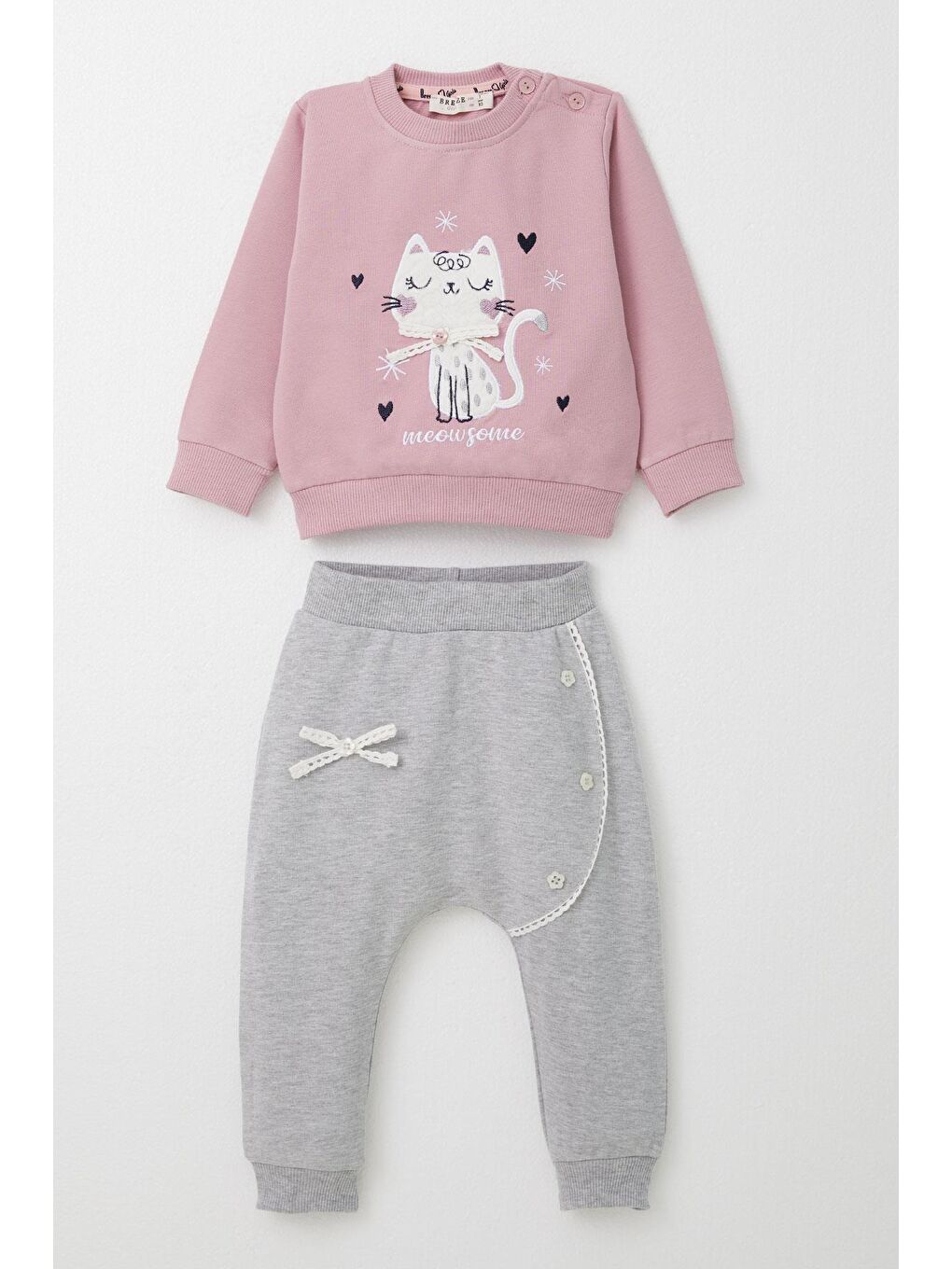 Pembe Kız Bebek Şalvar Tipi Eşofman Takım Kedicik Nakışlı Gülkurusu (6 Ay-2 Yaş)