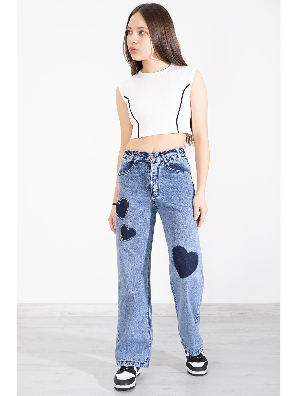 Mavi Beli Lastikli Geniş Paça Kalp Desenli Kız Çocuk Jean Pantolon 20406