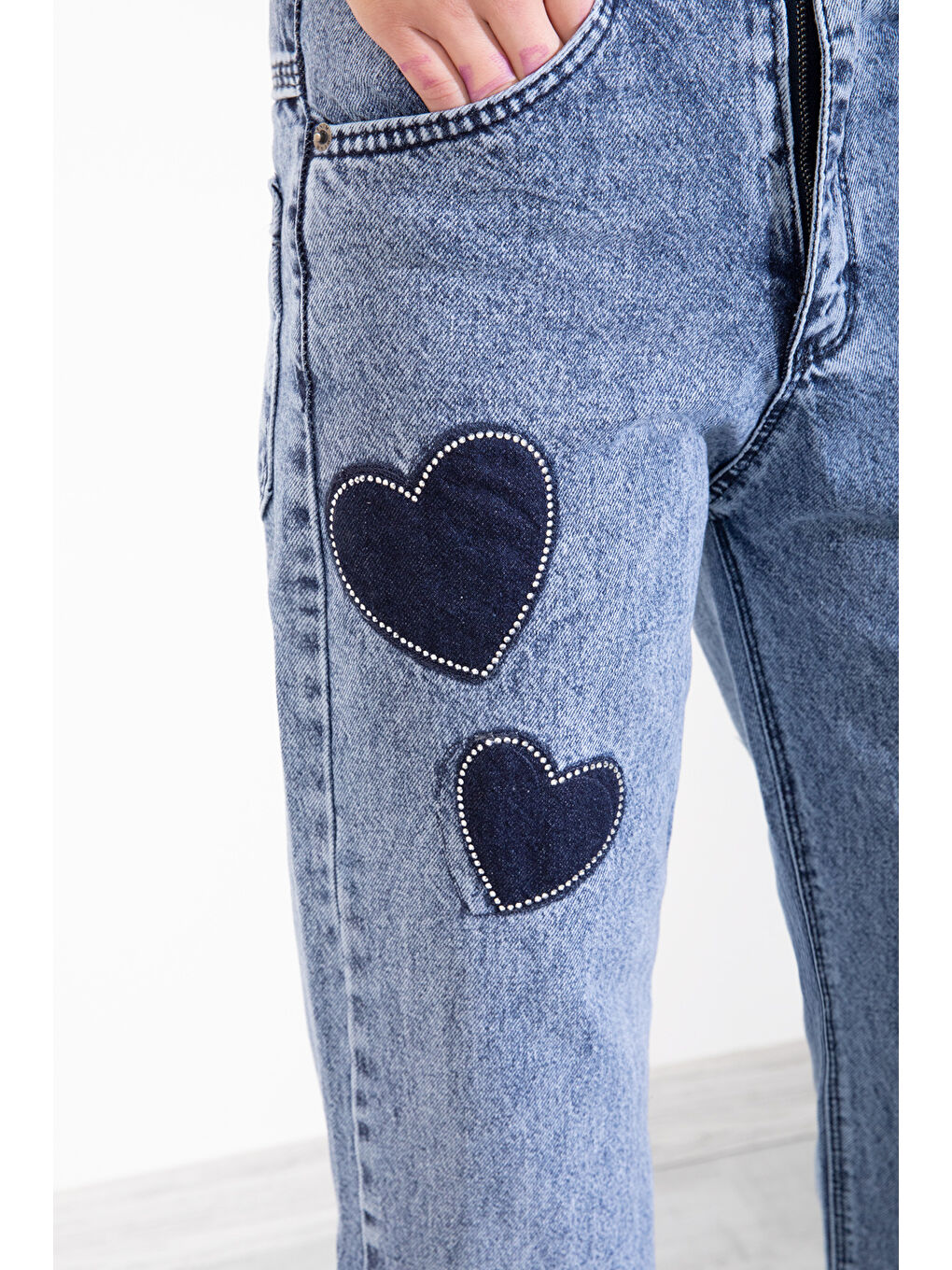 Mavi Beli Lastikli Geniş Paça Kalp Desenli Kız Çocuk Jean Pantolon 20406-3