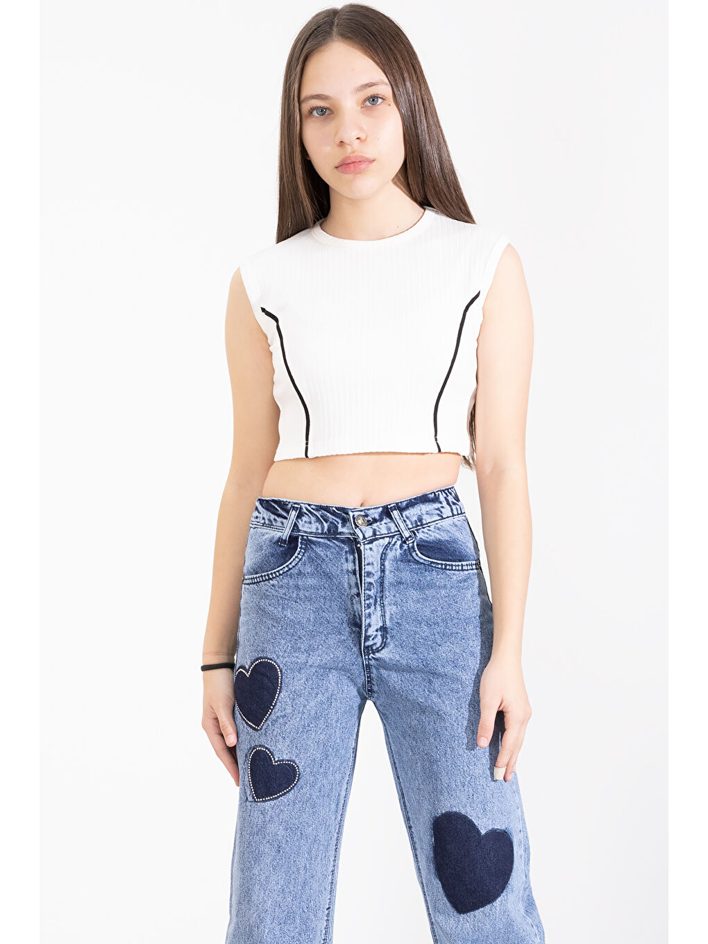 Mavi Beli Lastikli Geniş Paça Kalp Desenli Kız Çocuk Jean Pantolon 20406-4