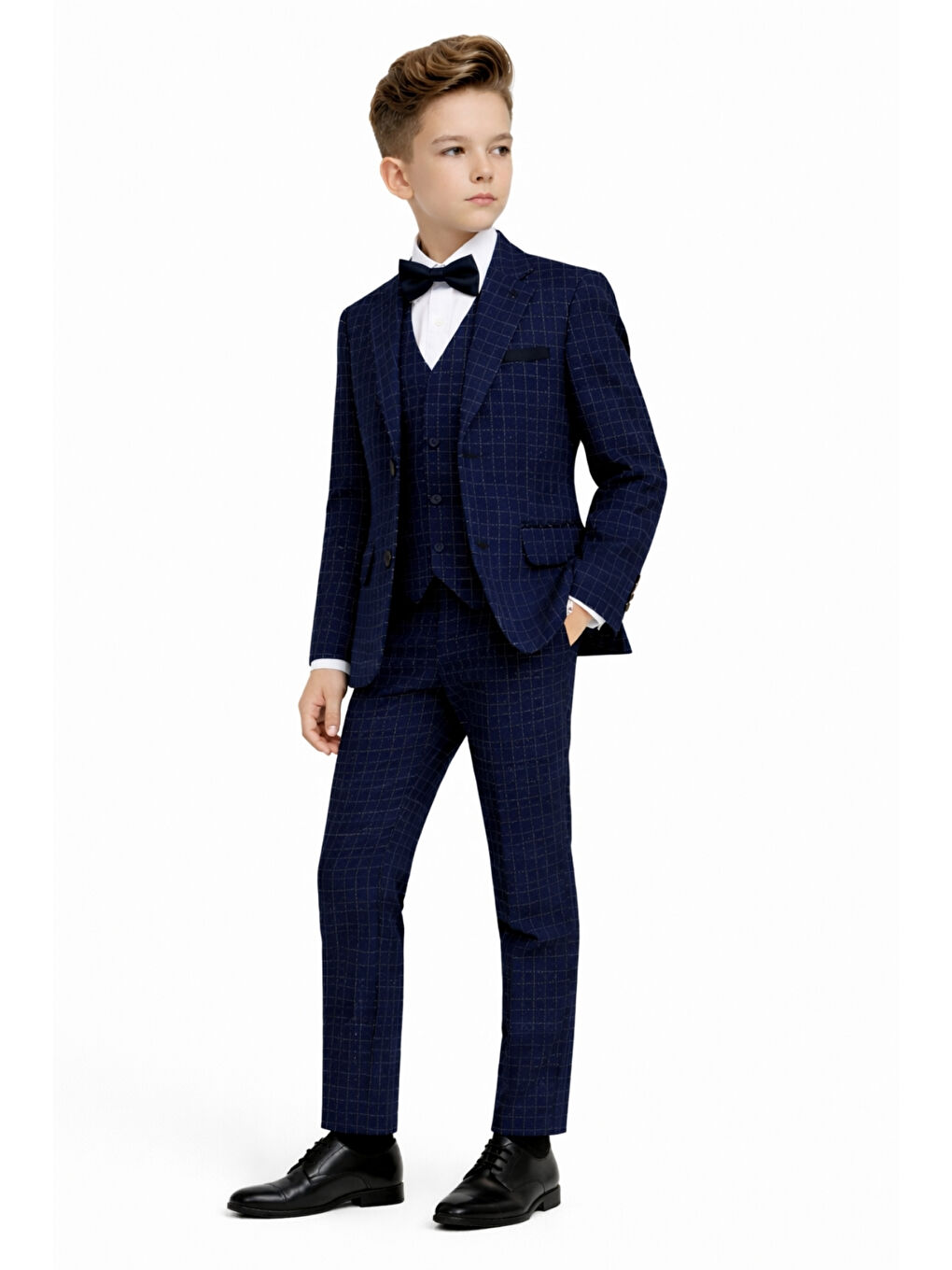 Lacivert Erkek Çocuk Slim Fit Dokulu Çizgili Klasik Takım Elbise Ak197-198-1