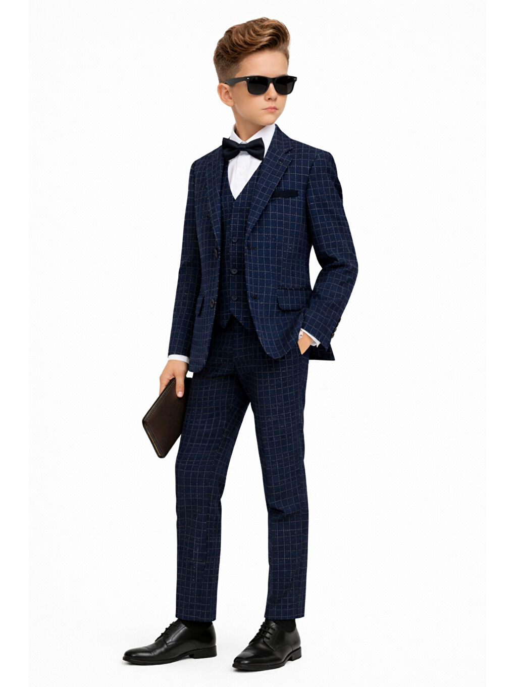 Lacivert Erkek Çocuk Slim Fit Dokulu Çizgili Klasik Takım Elbise Ak197-198-2