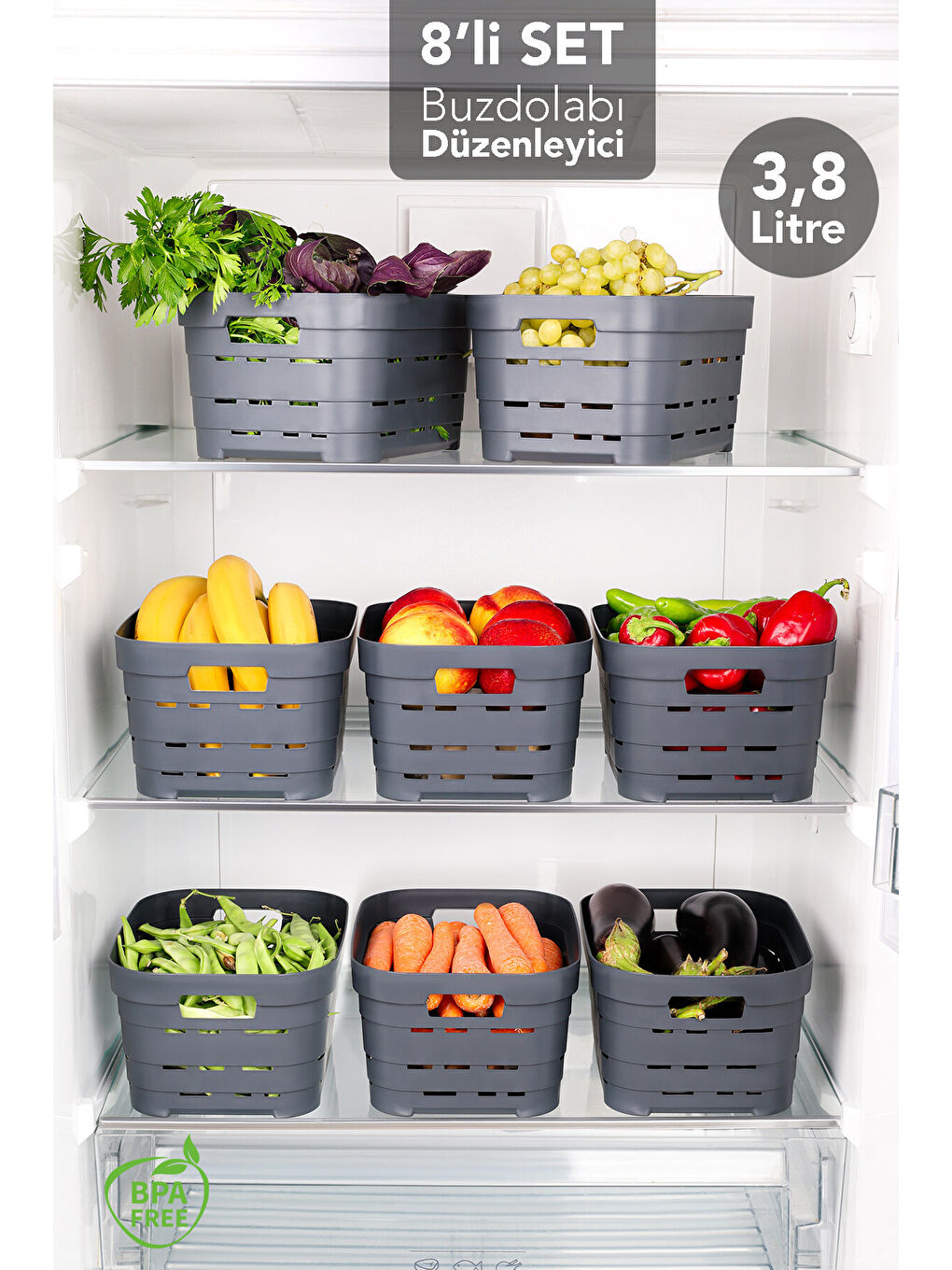 Antrasit 8 Adet Delikli Buzdolabı Düzenleyici 3,8 l