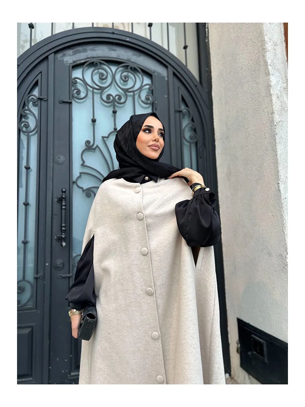 Ekru Kadın Trend Düğmeli Krem Kaşe Pelerin Panço