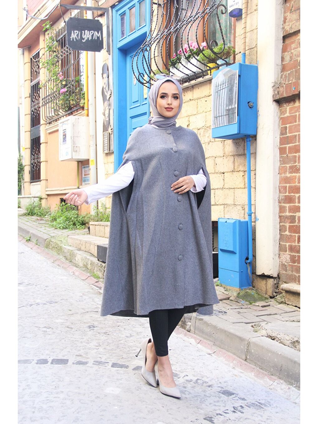 Kadın Trend Düğmeli Gri Kaşe Pelerin Panço-4