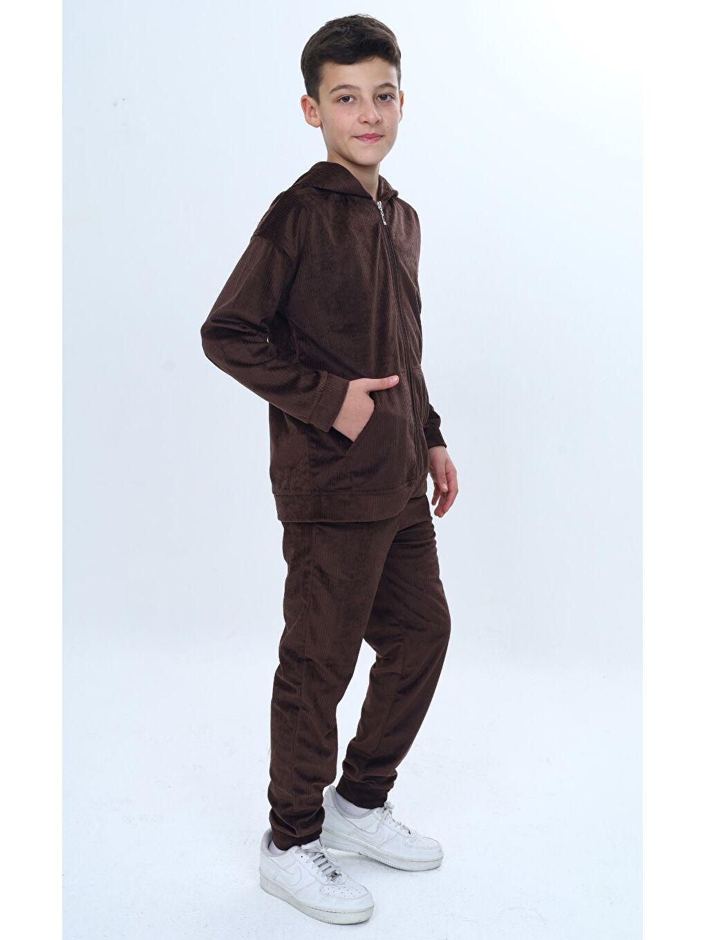 Kahverengi Erkek Çocuk 2'li Takım Kapüşonlu Fermuarlı Sweatshirt & Beli Paçası Lastikli Jogger Eşofman Altı - K-3