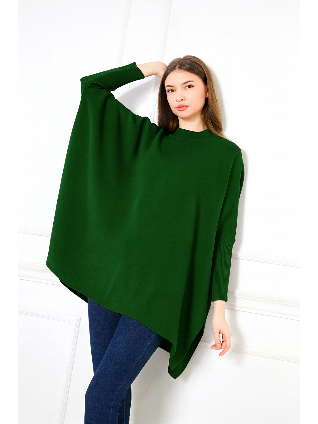 Yeşil Kadın Yandan Yırtmaçlı Oversize Panço Kazak