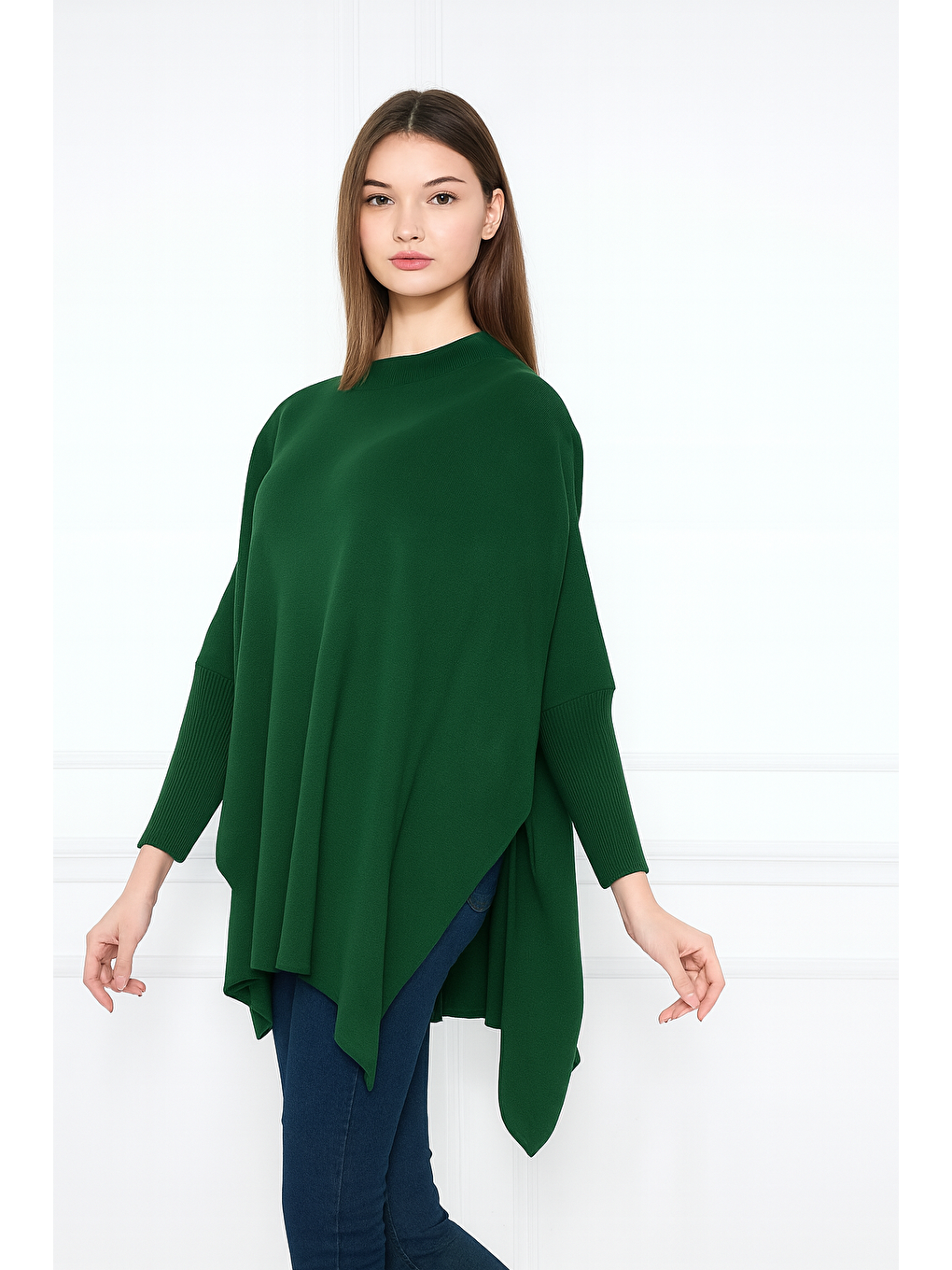 Yeşil Kadın Yandan Yırtmaçlı Oversize Panço Kazak-1