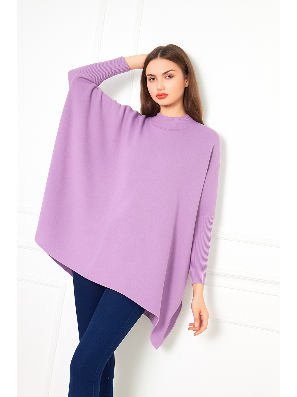 Lila Kadın Yandan Yırtmaçlı Oversize Panço Kazak