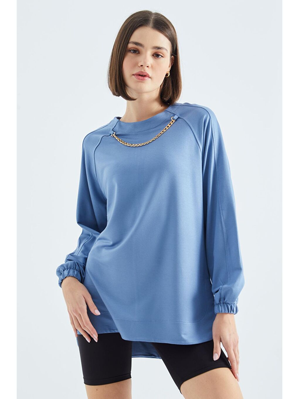 Veryperi Açık Mavi Gök Mavi O Yaka Zincir Detaylı Oversize Kadın Tunik Sweatshirt - 02383 - 4