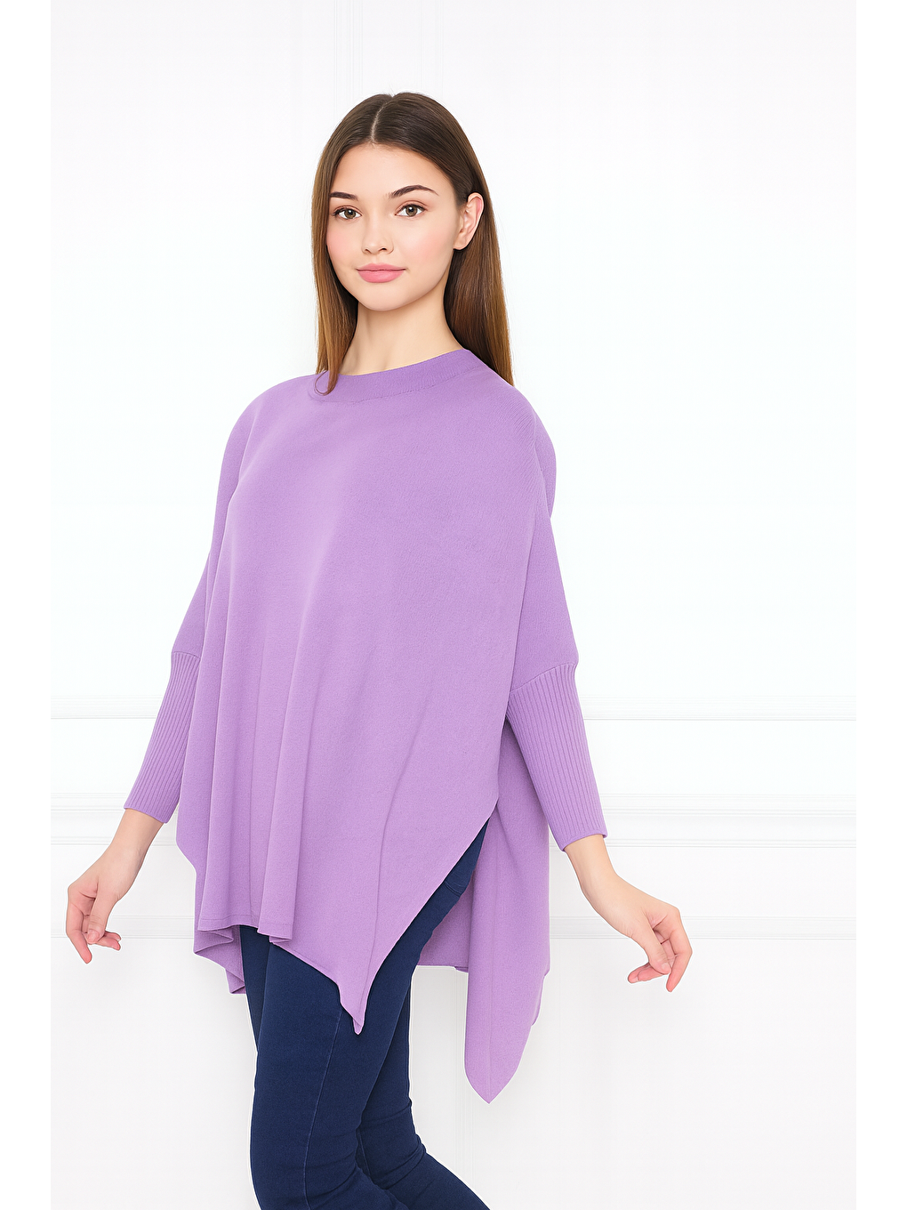 Lila Kadın Yandan Yırtmaçlı Oversize Panço Kazak-1