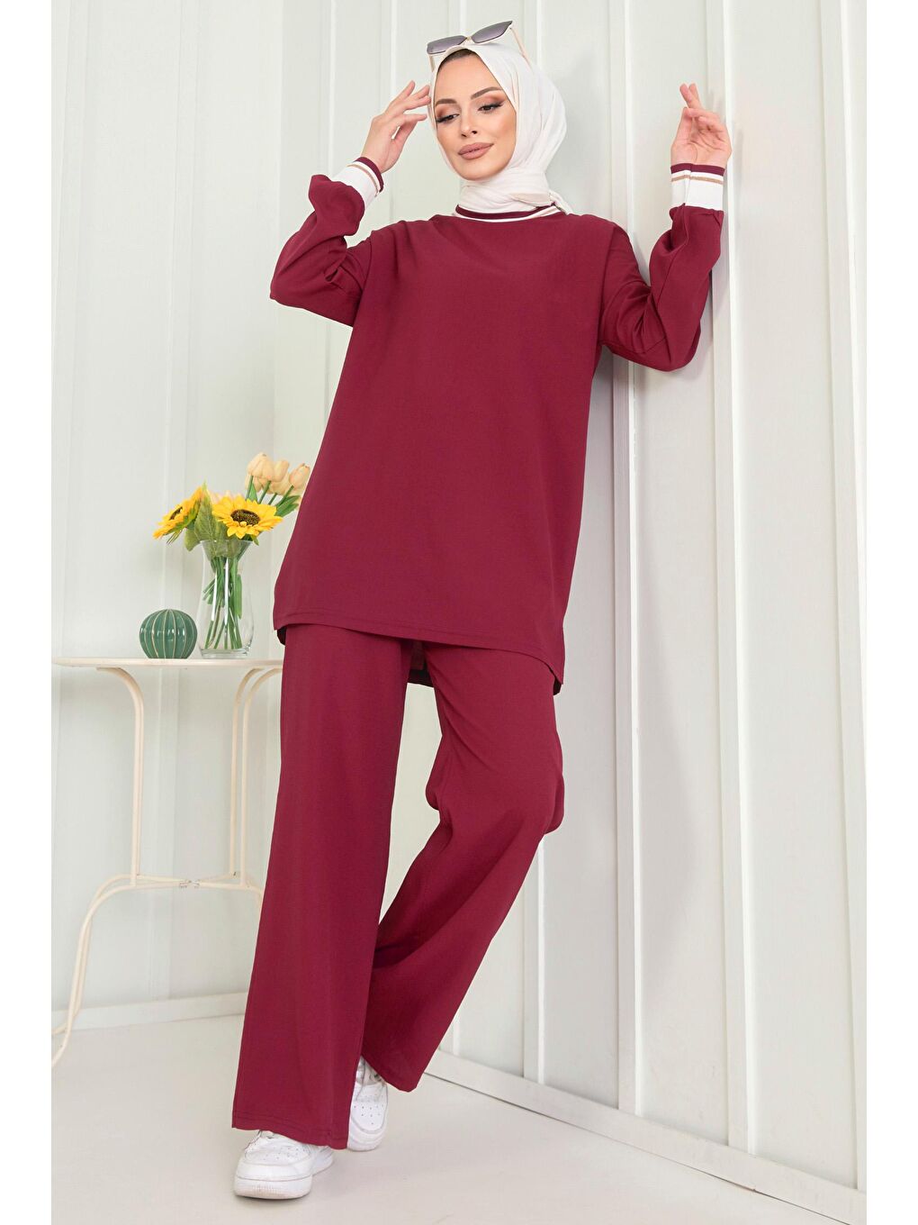 Bisiklet Yaka Kadın Bordo Tunik Pantolon - 11402-2